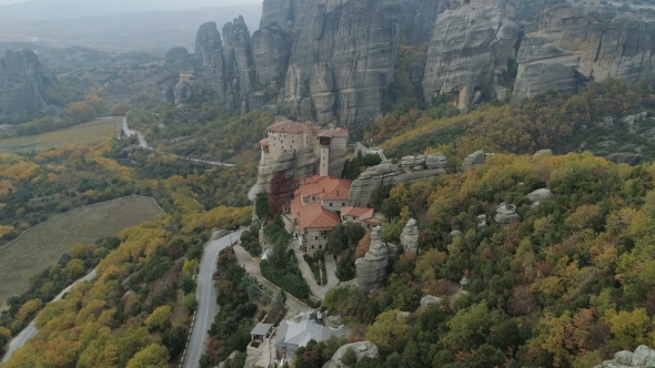Aerial View of the Meteora Rocky Landscape and Monasteries in Greece.