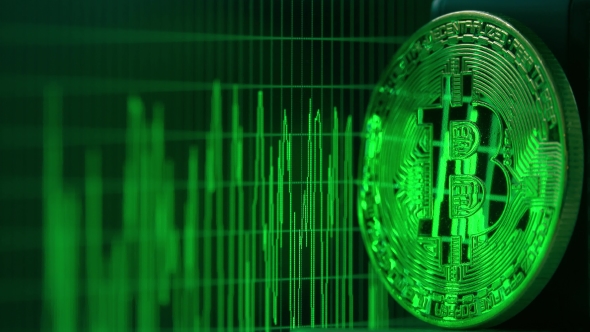 Shiny Bitcoin Reflects Green Data Graph on the Computer Screen