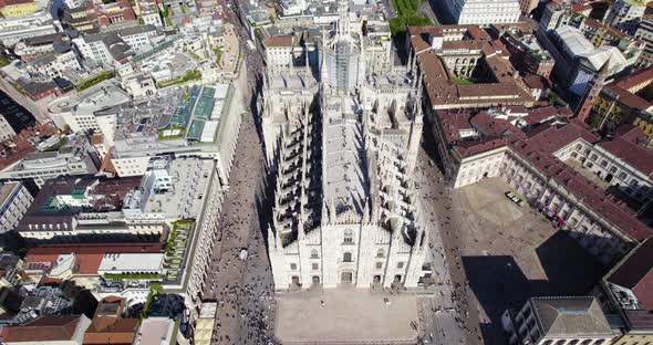 Touristy People Crowded by Famous Milan Duomo Cathedral in Italy, Aerial