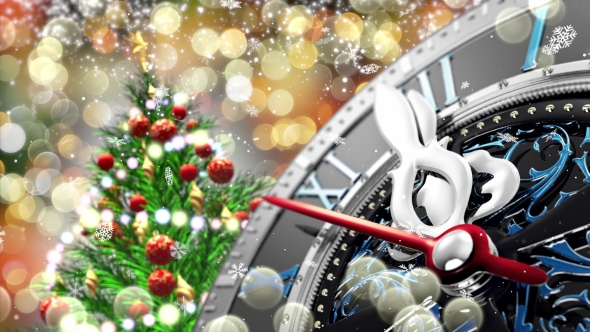 New Year's at Midnight - Old Clock with Stars Snowflakes and Holiday Lights