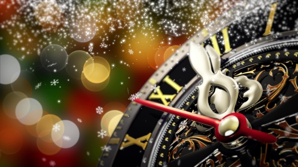 New Year's at Midnight - Old Clock with Stars Snowflakes and Holiday Lights