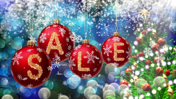 Sale Banner on Red Christmas Balls with Round Snow Flake on Bokeh Background