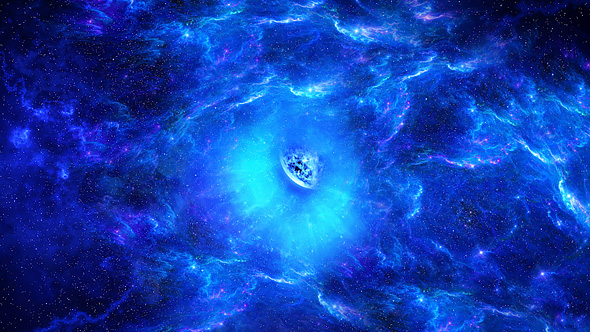 Journey Through Abstract Blue Space Tunnel of Nebulae to Big Blue Star