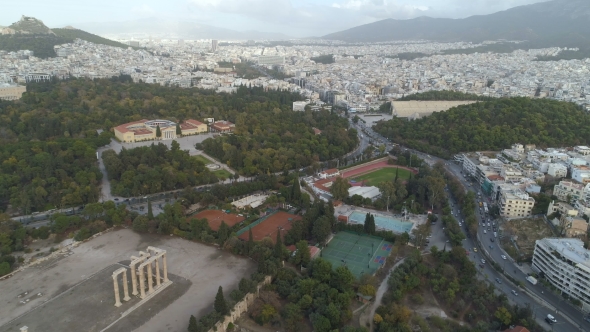 Aerial View of Temple of Zeus at Olympia in Athens and Modern Part of the City