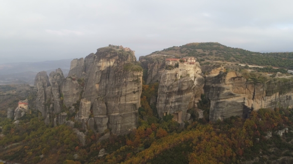 Aerial View of the Meteora Rocky Landscape and Monasteries in Greece.