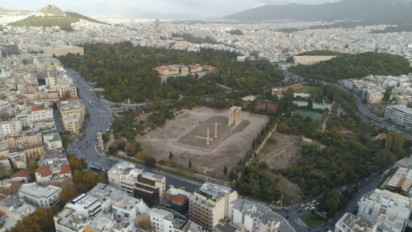 Aerial View of Temple of Zeus at Olympia in Athens and Modern Part of the City