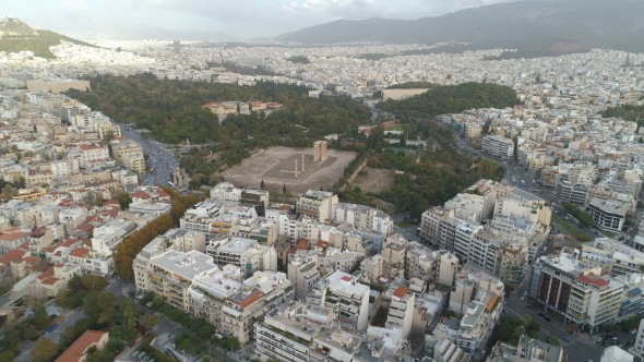 Aerial View of Temple of Zeus at Olympia in Athens and Modern Part of the City