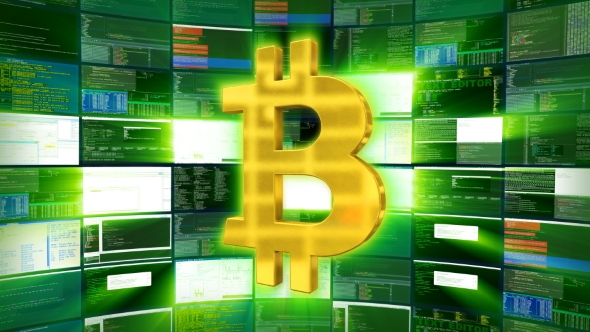 Gold Bitcoin Sign Against a Green Monitor Render