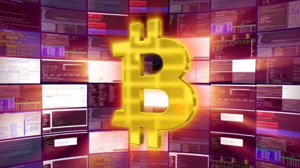 Gold Bitcoin Sign Against a Purple Mining Farm alt