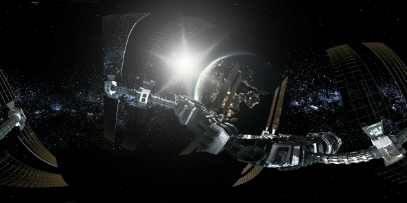 Astronaut and International Space Station Orbiting Earth in Virtual Reality alt