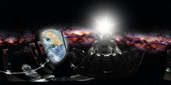 Astronaut and International Space Station Orbiting Earth in Virtual Reality alt