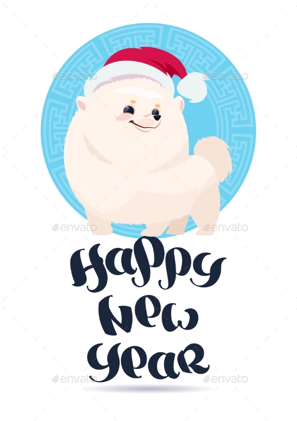 White Pomeranian Dog in Santa Hat on Happy New Year