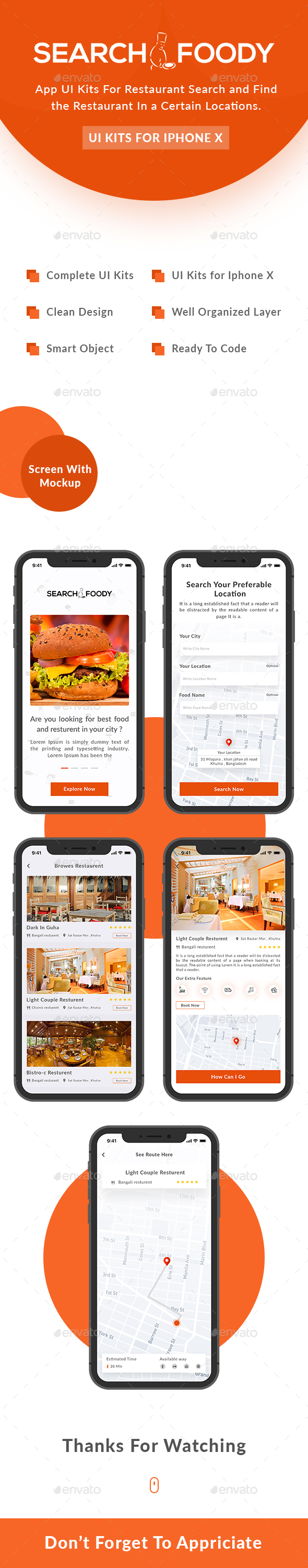 SearchFoody - Restaurant Search and Finder App UI Kits For iPhone X