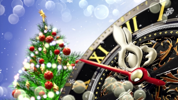 New Year's at Midnight - Old Clock with Stars Snowflakes and Holiday Lights