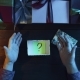 Adult Man Opens New Year Present Box with Sticky Note with Question Mark on It, Top Down Shot - VideoHive Item for Sale