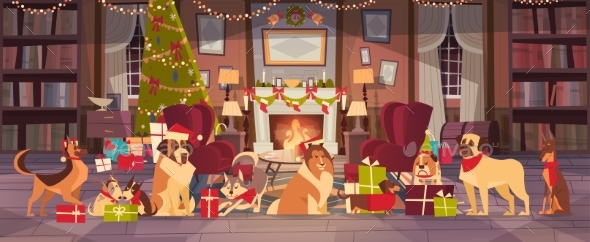 Dogs In Santa Hats In Living Room With Decorated