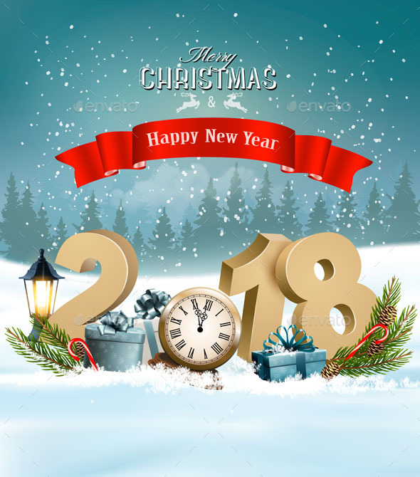 Happy New Year 2018 Background with Presents and Clock