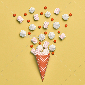 ith Candies Sweets. Flat lay. Summer Party, Birthday Firework. Vanilla Pastel Color. Trendy fashion Style. Minimal. Art