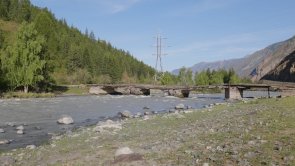 Waves, Spray and Foam, Bridge Over the River Katun in Altai Mountains. Siberia, Russia