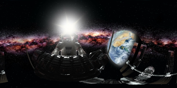 Astronaut and International Space Station Orbiting Earth in Virtual Reality alt