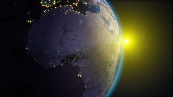 Realistic Earth Rotating in Space. On the Planet Earth is Visible the Change of Day and Night alt
