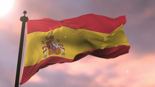 Flag of Spain Waving at Sunset