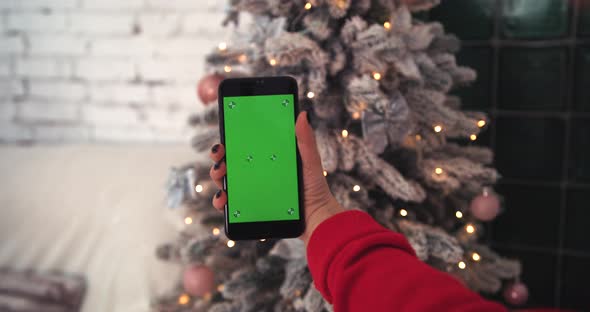 Girl Holding a Phone with a Green Screen on the Background of the Christmas Tree