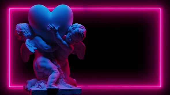 Sculpture Of Two Cubidons Hold A Big Heart In Neon light On A Dark Background