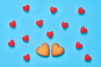ve set. Trendy fashion Style. Layout. Cookies Couple on Red hearts background. Love, Fun Romantic style, Minimal. Art