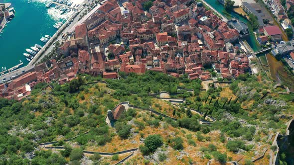 Kotor Bay in Montenegro and Old Town Red Roofs