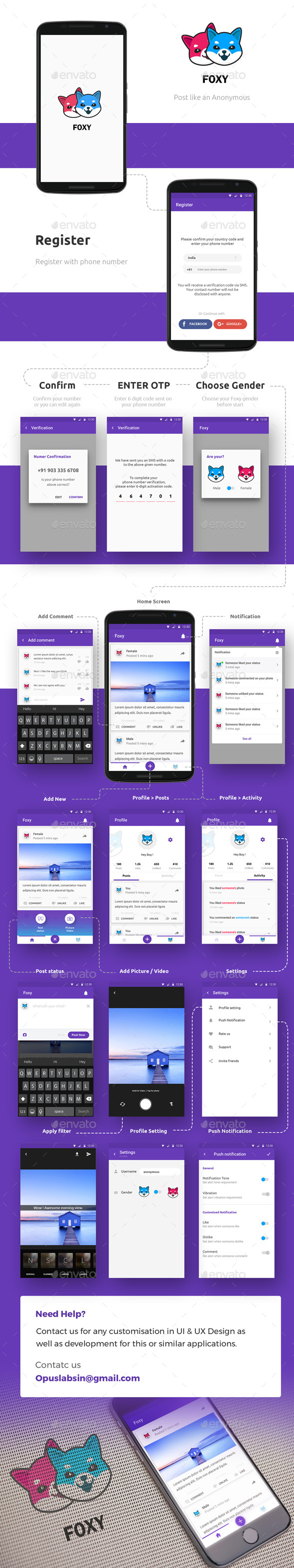 Anonymous Social Network App UI Kit| Hidden Identity Social Platforms Complete App UI Kit | Foxy