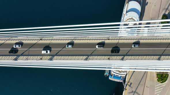 Road and traffic. Aerial view on the cruise ship and bridge in the port. Adventure and travel.