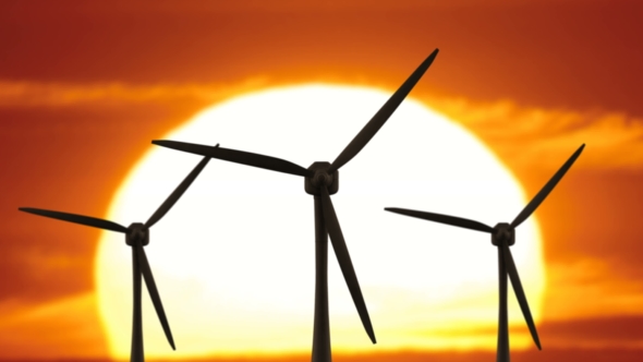 Beautiful Landscape View of Sunset Wind Turbine Field