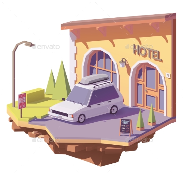 Vector Low Poly Car and Hotel