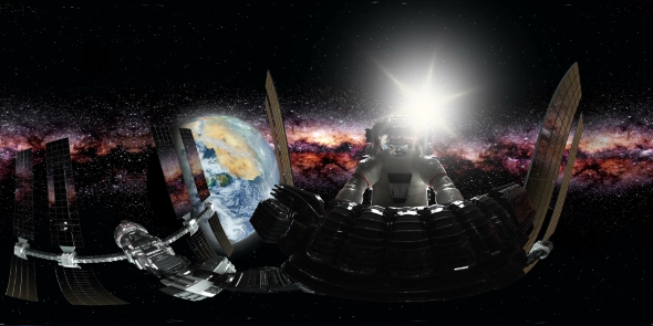 Astronaut and International Space Station Orbiting Earth in Virtual Reality alt