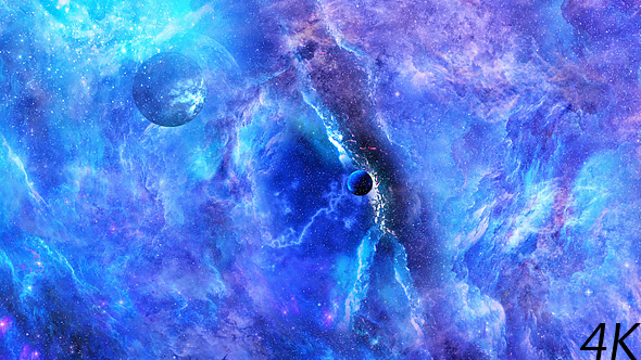 Journey Through Abstract Blue Space Nebula with Planets and Big Blue Star alt