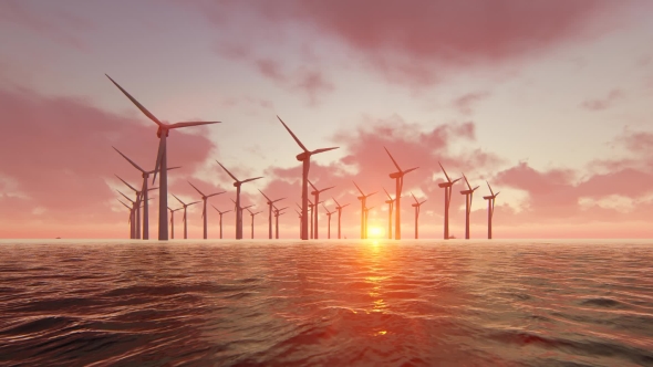 Wind Turbine Power Generators Silhouettes at Ocean at Sunset alt
