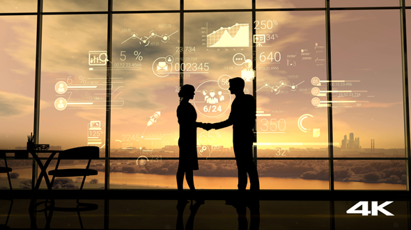 Business Partners Shake Hands On The Background Of Corporate Infographics alt