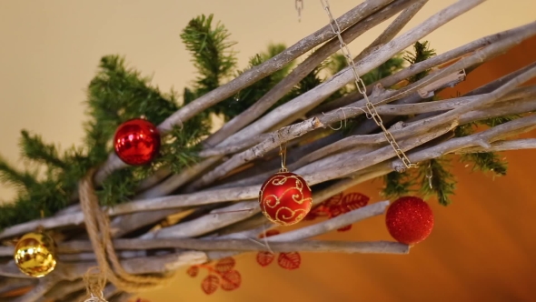 Branches Are Decorated with Red New Year Balls