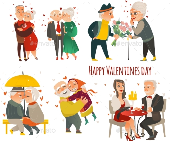 Set of Elder Senior Couples in Love, Valentine Set