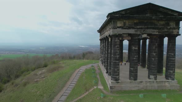 Aerial close up parralax shot of Penshaw Monument in Sunderland, North East, UK