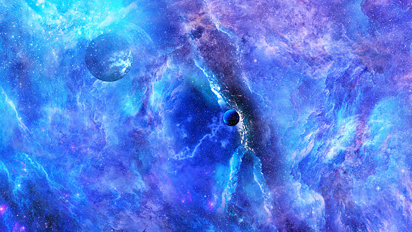 Flying Through Abstract Blue Space Nebula with Planets and Big Blue Star alt