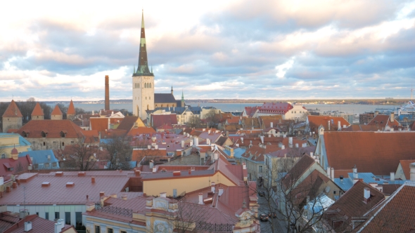 Old Town of Tallinn with Narrow Streets and Gingerbread Houses with Red Roofs