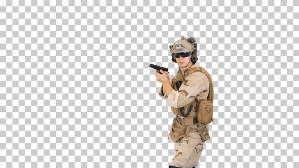 Soldier walking aiming with a pistol and, Alpha Channel