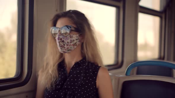 Woman In Mask Protection Epidemic Coronavirus On Public Transport Station. Health And Safety Concept