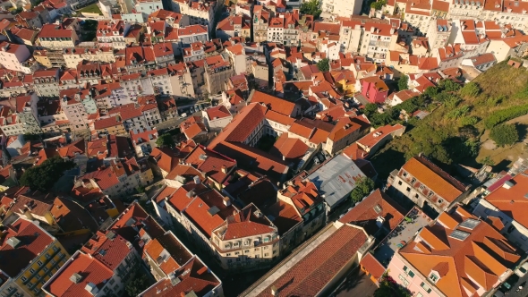 Aerial View of Lisbon Sunny Cityscape at City Centre in Portugal