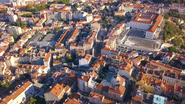 Aerial View of Lisbon Sunny Cityscape at City Centre in Portugal