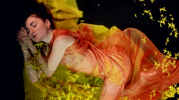 Fascinating Lady in Wet Dress is Lying in Shallow Water of Fabulous Lake or River Yellow Flowers