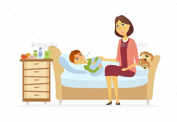 Mother with an Ill Boy - Cartoon People Characters