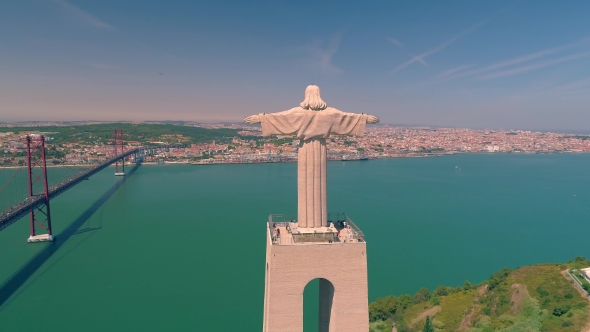 Lisbon Portugal  Aerial View Christ the King Cristo Rei Catholic Monument Drone